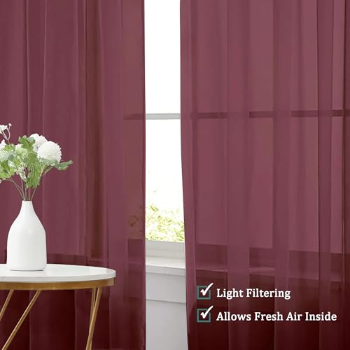 Image of Chyhomenyc Burgundy Sheer Valances for Windows - Light Filtering Small Kitchen Curtains, Rod Pocket Short Top Window Treatment Decor for Living Room Bathroom Basement, 42Wx16L inches, 2 Panels