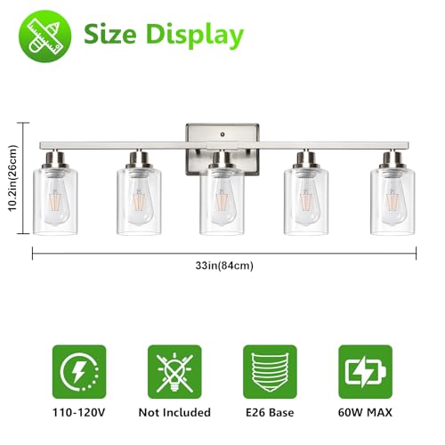 Image of Ascher 5-Light Bathroom Light Fixtures, Modern Brushed Nickel Vanity Lights Over Mirror, Wall Lights with Clear Glass Shades for Hallway, Cabinet, Porch, Bedroom