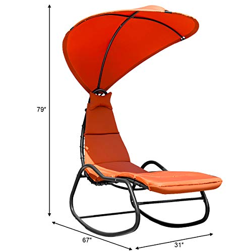 Giantex Chaise Lounge Swing Chair, Outdoor Hammock With Stand And Canopy, Porch Swing W/Soft Cushion Removable Headrest, Outdoor Recliner Rocking Chair For Garden Backyard Poolside (Orange) #TOP5