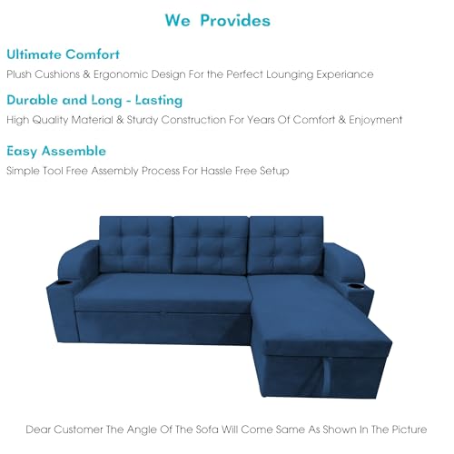 Image of Casaliving Grance RHS 4 Seater Corner Sofa Cum Bed for Living Room with Storage (Blue Fabric) Premium Fabric Sofa