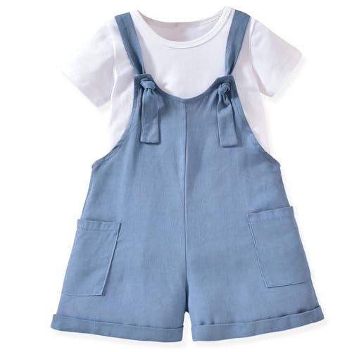 Image of HINTINA Toddler Girl Overall Shorts Set Adjustable Loose Jumpsuit Short Sleeve T-shirt Vacation Summer Outfits with Pockets