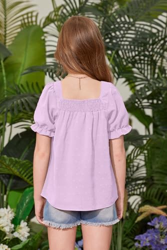 Image of BesserBay Girls Summer Puff Short Sleeve Square Neck Tee Shirts Ruffle Smocked Blouses Cute Swiss Dot Tops 5-14 Years