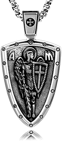 VENICEBEE Archangel St. Michael Saint Medal Shield Cross Sword Guardian Angel Protection Christian Amulet Solid 925 Sterling Silver Pendant Necklace, 24" inch Box Chain, Black Velvet Pouch, Polishing Cloth, Fine Jewelry Gift Box