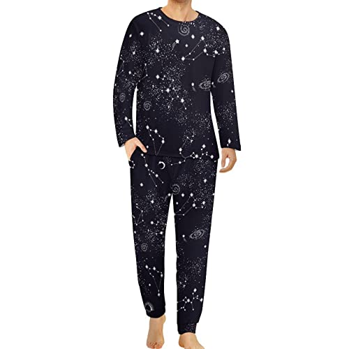 SEPTYK Stars Moon Planet Space Galaxy Pattern Men's Pajama Set Long Sleeve Top & Bottom Sleepwear 2 Piece Lounge PJ