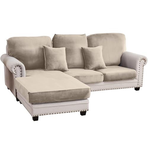 Image of Stretch Silver Fox Velvet Sectional Couch Covers - 3-Piece Sofa Cushion Covers for Left /Right L-Shaped Chaise, Soft and Comfortable Slipcovers for Sectional Sofa(2 Seater + 1 Chaise,Taupe)