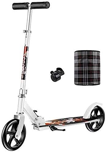 Tretroller für Kinder, Tretroller für Erwachsene, große Räder, Kickhöhen für Erwachsene, höhenverstellbar, mit Glocke und Korb, zusammenklappbarer Pendler für Teenager, Kinder ab 12 Jahren (Farbe: We