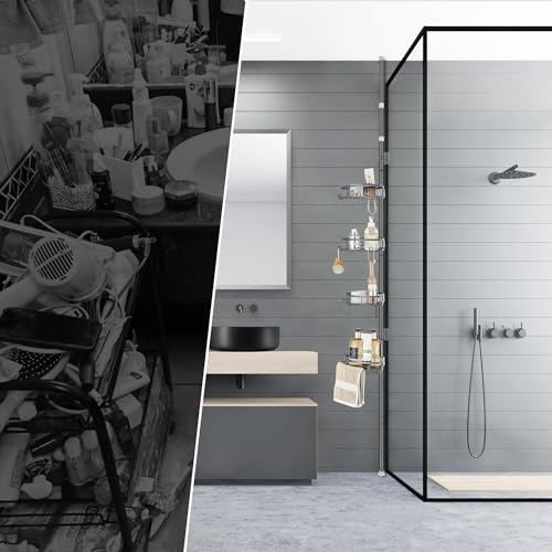 DUFU Duschregal Teleskop Ohne Bohren mit 4 Duschkorb Ecke Rutschfestes Stabiles Badezimmer Regal Aus Metall Höhenverstellbar 85-325cm Teleskopregal Bad Grau