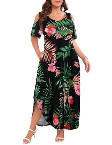 Image of JollieLovin Womens Plus Size Casual Summer Maxi Long Dress Cold Shoulder V Neck Beach Sundresses