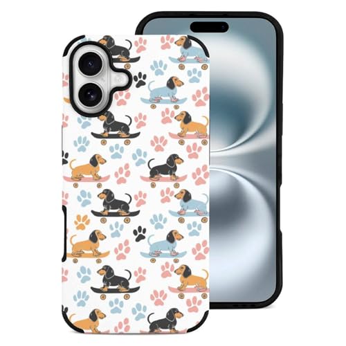 Dachshund Dogs on Skateboards Carbon Fiber Phone Case Protective Cover Compatible with iPhone 16/16 Mini/16 Pro/16 Pro Max iPhone 16 Plus