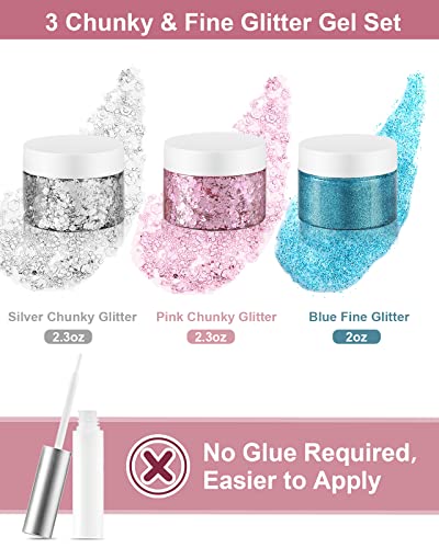Creamify Face Body Glitter Gel - 3 Colors Pink And Silver Chunky Glitter Gel & Blue Fine Glitter Gel With Gems Sticker, Rave Accessories Hair Glitter Body Shimmer, Less Gel & Quick Dry, 65G #TOP1