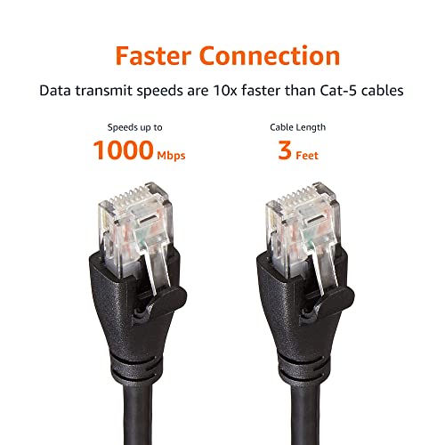 Image of Amazon Basics RJ45 Cat-6 Ethernet Patch Cable, 1Gpbs Data Transfer Speed, Gold-Plated Connectors, 3 Foot, Black