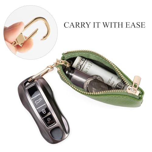 Image of Full Grain Leather Coin Purse with Key Chain - Small Change Purse Keychain Card Holder Keychain Pouch Small Keychain Wallet for Women and Men (Grass Green)