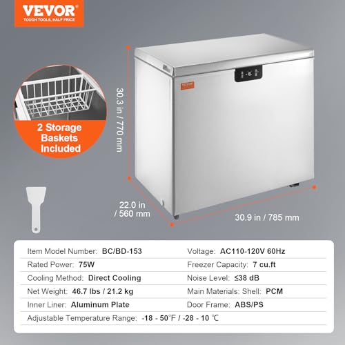 VEVOR Chest Freezer, 5.4 Cu.ft / 153 L Compact Deep Freezer, Free Standing Top Open Door Compact Freezers with 2 Removable Baskets & Adjustable Thermostat, Energy Saving & Low Noise, White on Fridge.com