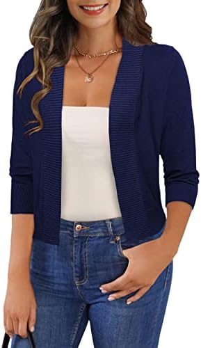 GoMamee Women's 3/4 Sleeve Shrug Sweaters Cropped Cardigans Jackets for Evening Dresses, Navy Blue M