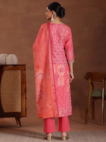 Image of Libas Womens Printed Linen Straight Kurta With Trousers and Dupatta | daily wear suit