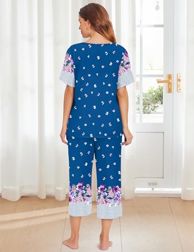 Image of Ekouaer Women's Two Piece Lounge Set Short Sleeve Shirt and Capri Pants Mumu Pajama with Pockets Loungewear Pjs Sets