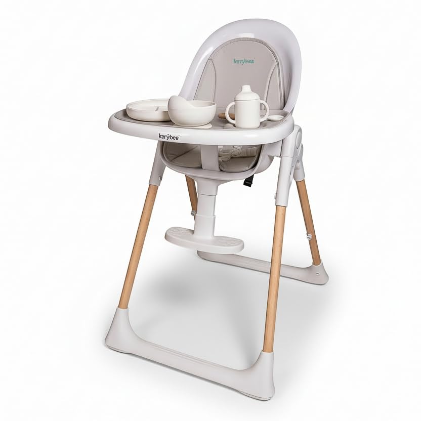 Karybee Baby Hochstuhl klappbar mit Holzbeinen & Silikon-Tablett + Fütterset Kinderhochstuhl mit Fußstütze BPA-freies Silikon ab 636 Monate (bis 15 kg) platzsparend