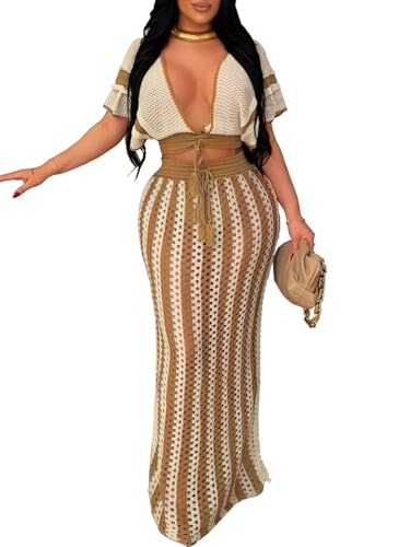 KANSOON Crochet Skirt Sets Women 2 Piece Outfits Knit Striped Hollow Out Short Sleeve V Neck Drawstring Top Maxi Skirts Set
