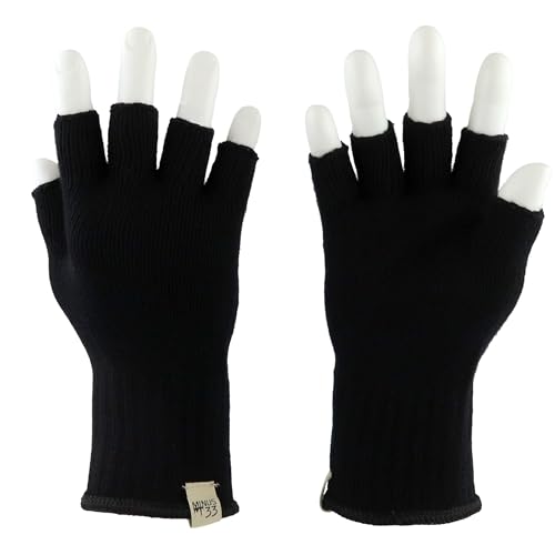 Merino Wool Fingerless Gloves - Hunting and Fishing Liner - Half Finger Warm Knitted Gloves - Black - Large