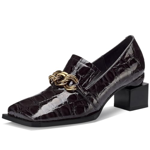 Image of Loafers for Women Patent Leather Buckle Square Toe Chunky Block Dress Slip On Wide Casual Comfortable Dressy High Heels Ladies Comfort Moccasins Elegantes 2 Inch Shoes