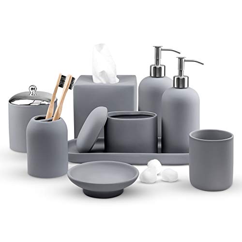 Real Simple- Matching Bathroom Accessories Sets | Soap Dispenser, Lotion Dispenser, Soap Dish, Toothbrush Holder, Tissue Box & More | Complete Modern Bath Decor Set (Gray Rubber)
