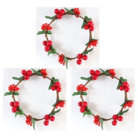 Suandsu 3 Pcs Artificial Red Berry Wreath Candle Holder Rings Christmas Candle Rings Home Wedding Thanksgiving Halloween Christmas Decor 3.8'' Inner Diameter Cover