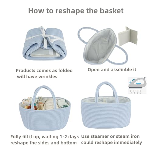 Image of XUANGUO Cotton Rope Baby Diaper Caddy Organizer Basket Sky Blue | Nursery Storage Bin, Portable Baby Tote Bag for Changing Table or Car, Baby Shower Gifts Bag, Newborn Essentials, Registry