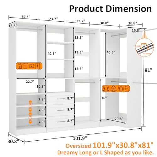 Closet Organizer System of 4 Sets with 3 Drawers, 9 Hanging Rods & 8 Shelves, 157" Walk in Closet System, Corner Closet Organizer, Modular Standalone Closet, White - Image 3