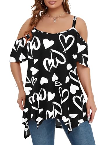 Image of LARACE Cold Shoulder Tops for Womens Summer Clothes Spaghetti Strape Tunic Oversized Shirts Asymmetrical Plus Size Blouse