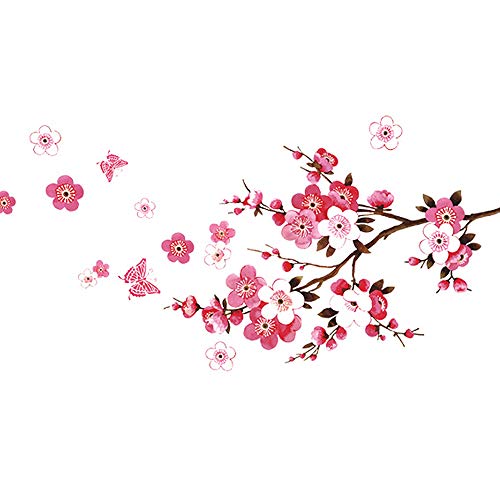 Wopeite Wall Sticker Decal Flora Pink Peach Blossom Flowers Butterfly DIY Removable Mural Art for Kids Nursery Bedroom Living Room