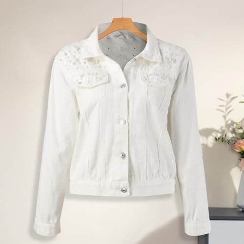 2026 Damen Jacken Große Jeansjacke Bestickte Perlen Mantel, weiß, M