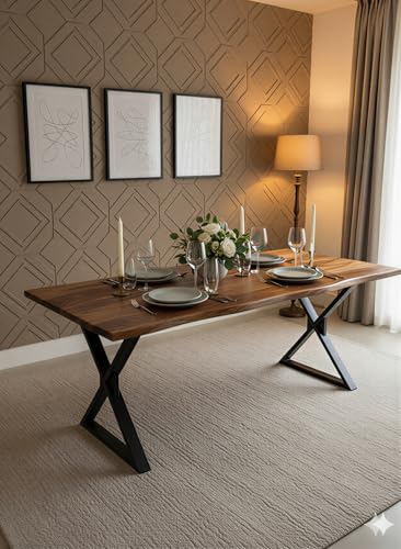 Image of REDWOOD Wooden 4 Seater Dining Table Only Cariboo | 57x28 Inch Rectangular Live Edge Dinner Table Without Chairs for Home, Office, Hotel & Restaurant | Natural Finish, Black X Shaped Metal Legs