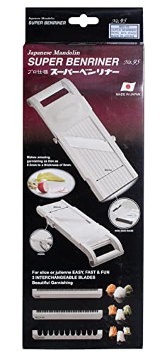 Benriner Mandolin Super Slicer, with 3 Japanese Stainless Steel Blades, White