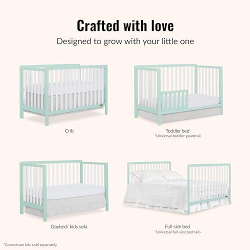 Image of Dream On Me Ridgefield 5-in-1 Convertible Full-Size Baby Crib in Mint & White, GreenGuard Gold & JPMA, 4 Mattress Heights, Converts to Toddler, Day & Full-Size Bed, Solid Wood Design