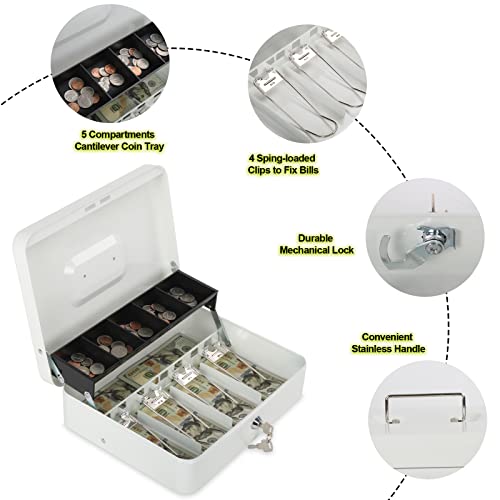 Polspag Cash Box with Lock and 2 Keys, Metal Money Box with Cash Tray, Lock Safe Box, 4 Bill/5 Coin Slots, 11.8L x 9.5W x 3.5H Inches (Key-White)