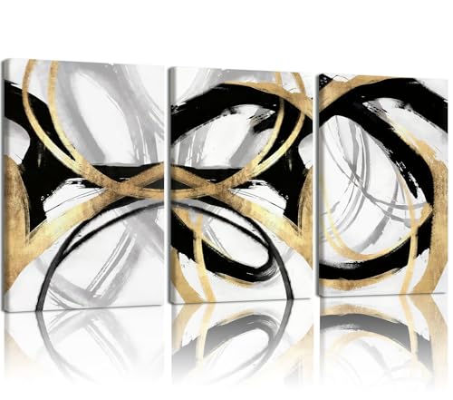 LYYGLYY 3Pcs Framed Black and Gold Canvas Wall Art for Living Room, Abstract Black and Gold Poster Print Wall Decor, Modern Minimalist Line Artwork for Office, Home, 12x16 Inches