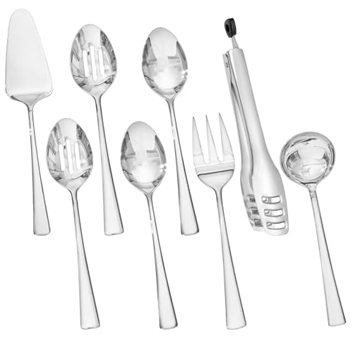 KINGSTONE 8 Piece Serving Utensils Set, 18/10 Stainless Steel Serving Utensils, Slotted Spoon, Serving Spoon, Fork, Tong, Soup Ladle, Cake Server for Buffet, Parties, Kitchen