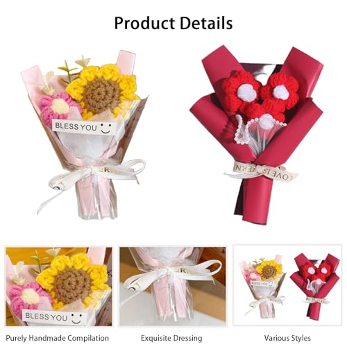 Image of 2 Pieces Crochet Flower Bouquet, Knitted Floral Arrangement, Handmade Crochet Flowers for Home Decor, DIY Craft, Wedding Party, Sister, Teacher, Aesthetic Room Decor