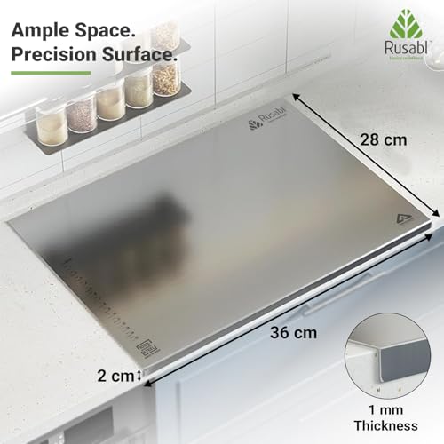 Image of Rusabl L-Shaped Steel Chopping Board for Kitchen, L-Shape, 36 x 28 x 0.1 cm | BIS Certified, 304 Food-Grade, Anti-Rust, Cutting Veggies, Kneading Dough