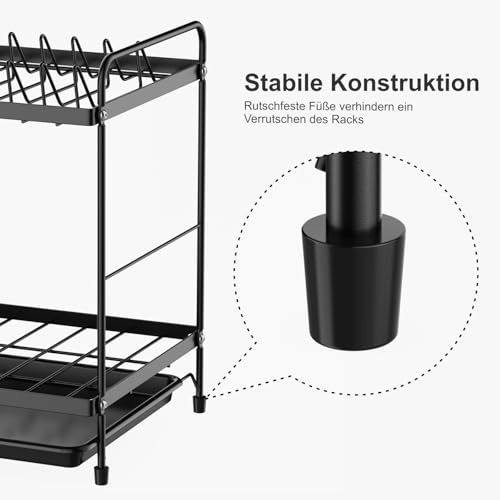 iSPECLE 2 Tier Dish Drainer Rack for Small Kitchens - Compact Dish Drying Rack with Drip Tray, Cutlery Holder & Chopping Board Holder, Rust-Resistant Metal for Kitchen Worktop, Black - Image 8