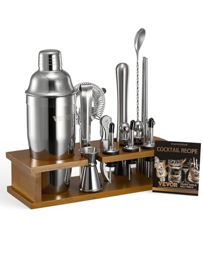 VEVOR Ensemble shaker à cocktail, 18 pcs, accessoire pour barman Martini en acier inox avec support en bambou, cuillère à mélanger, doseur, passoire, bec verseur, pince à glaçons, tire-bouchon, argent