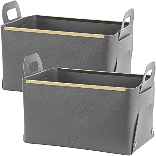 Neatvilla Faux Leather Baskets For Storage, 9X6X6 Small Gray Grey Basket Catchall Pu Leather Bin Organizers For Organizing, Set Of 2 Faux Leather Storage Bin Cute Foldable Storage Baskets For Shelves #TOP21