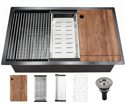 30 Black Stainless Steel Workstation Kitchen Sink Large Single Bowl Drop-In Undermount Farmhouse Sink (Black 3018)