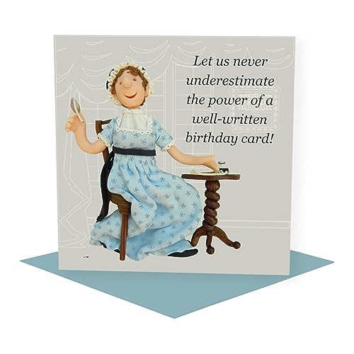 Holy Mackerel funny Jane Austen birthday card featuring the author at work - designed by artist Erica Sturla - 15cm square and blank inside for your message - made in the UK