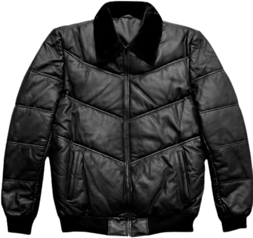 Image of F&F Classic Men's Premium Genuine Lambskin Aviator Style Puffer Fur Shearling Collar Leather Bomber Winter Fashion Jacket
