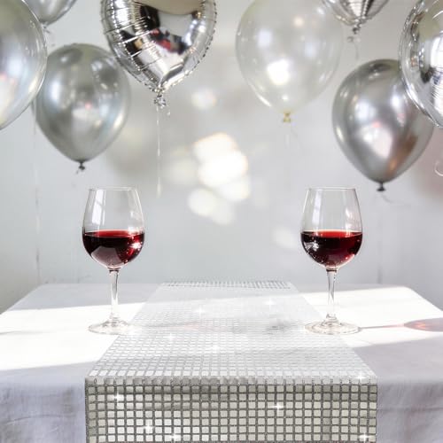 2 Pack 72 Inches Mirror Silver Glitter Disco Table Runner, Shiny Retro Sequin Rectangle Table Cloth for Wedding Christmas Birthday Bachelorette Dance Parties Home Decoration Supplies by YellCot - Used condition - Image 3