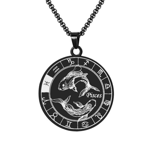 HIJONES Collier Pendentif Constellation Du Zodiaque À Pièces Rondes pour Hommes en Acier Inoxydable Collier Amulette pour Femme Cadeau pour Homme Noir Poissons