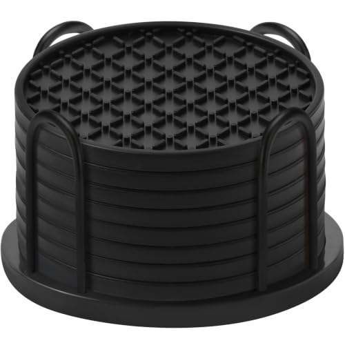 TWTLi Silicone Coasters Set of 8 with Holder, 4 Inch Non-Slip Waterproof Heat Resistant Drink Mats for Coffee Table, Desk, Kitchen, Bar, Outdoor Patio (Black, 8 PCS)