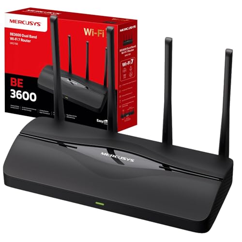 MERCUSYS MR27BE BE3600Mbps Dual Band WiFi 7 Router, 2x 2.5 Gbps Ports, 4K-QAM And MLO, WiFi Router with 4x High Gain Antennas for Maximized Coverage, 160 MHz, EasyMesh-Compatible BE3600 WiFi