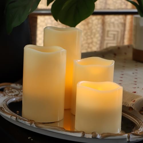 Image of CANDLE CHOICE Real Wax Battery Operated Flameless Candles with Remote Automatic Daily Cycle Timers Realistic Flickering Electric LED Pillars Wedding Party Halloween Christmas Decorations 4 Pack Ivory